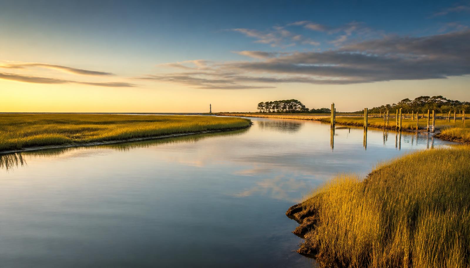 Golden-hour view down a calm tidal channel toward a distant lighthouse near Chincoteague Island, Virginia